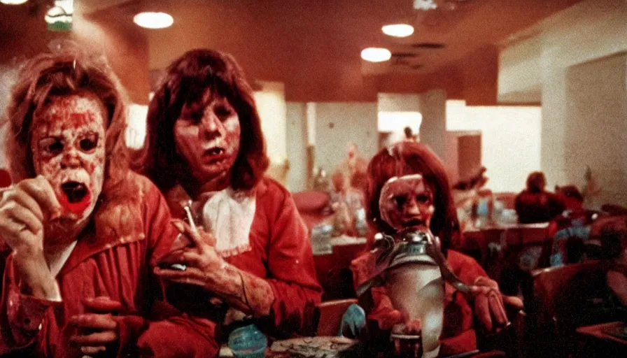 Image similar to 7 0 s film still from a horror movie about cannibalism and bingo night, kodachrome, cinecolor, cinestill, film grain, film texture, retro, cinematic, high resolution, photorealism,