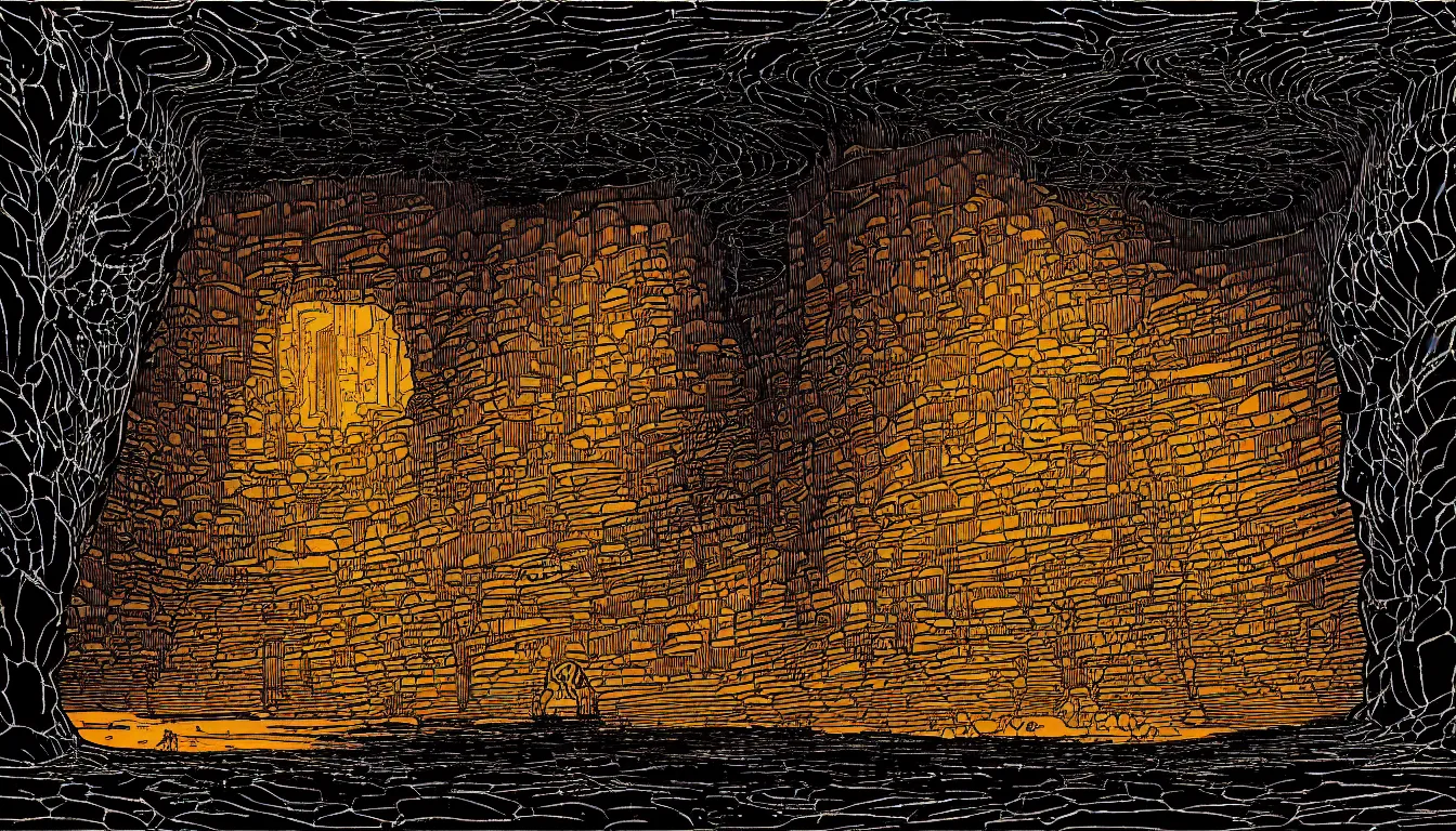Image similar to cave by dan mumford and peter doig and edward hopper, symmetrical, minimal, black ink, thick lines highly detailed, muted colours 8 k