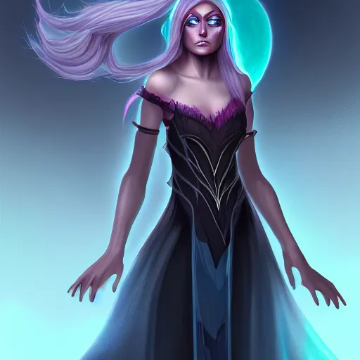 Image similar to ! dream dark sorceress full view, highly detailed, digital painting, trending on artstation, concept art, soft light, sharp focus, illustration, character design