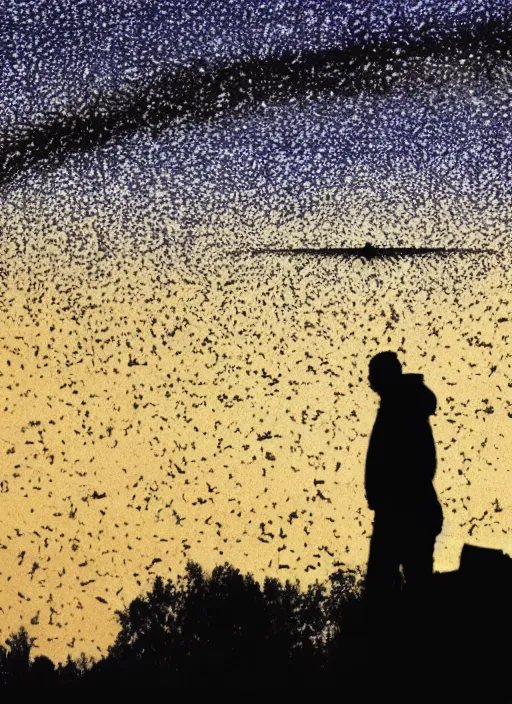 Prompt: a giant in the distance, a murmuration in the sky as a solar eclipse happens