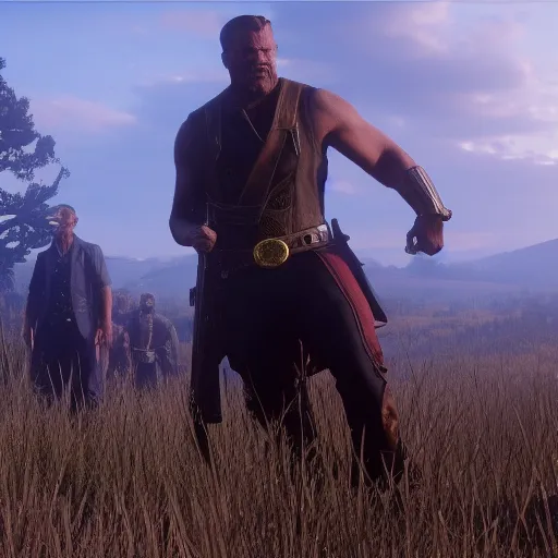 Prompt: Film still of Thanos in Red Dead Redemption 2 (2018 video game)