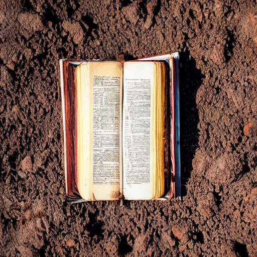 Prompt: a bible half buried and dusty in the ground, seen in a 7 0 mm macro lens