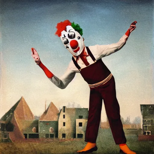 Image similar to Clown dancing in suspenders on a triangular roof, anthropology, ethnology, biology, 8k, realistic