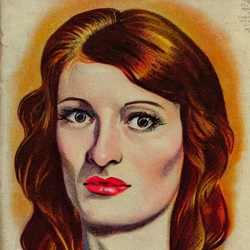 Image similar to “Florence Welch portrait, color vintage magazine illustration 1950”