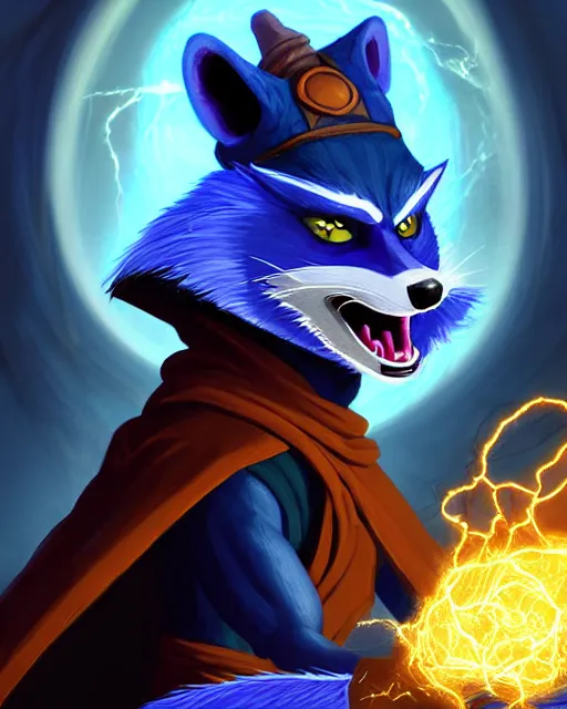 Image similar to closeup, highly detailed digital illustration portrait of hooded sorcerer druid necromancer sly cooper rocket the raccoon casting a magical energy sparkling swirling blue glowing spell in an ancient castle, action pose, d & d, magic the gathering, by rhads, frank frazetta, lois van baarle, jean - baptiste monge, disney, pixar,