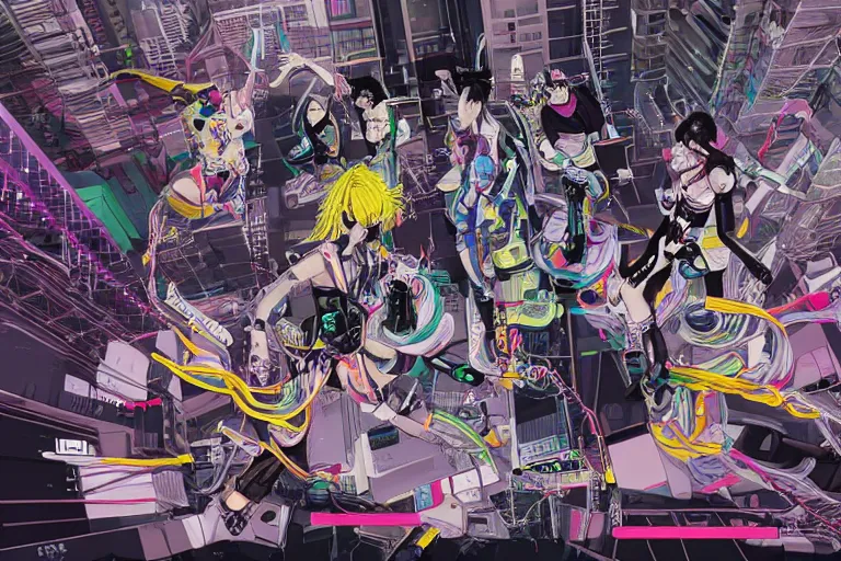 Image similar to a cyberpunk illustration of a group of four super-coherent colorful female androids dressed in seifuku in style of masamune shirow, lying scattered across an empty, white floor with their bodies rotated in different poses and cables and wires coming out, by yukito kishiro and katsuhiro otomo, hyper-detailed, intricate, bird view