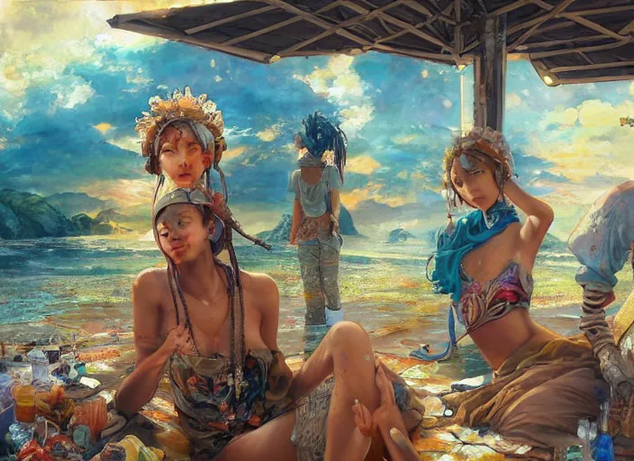 Prompt: beautiful anime painting of sunny Hiphop solarpunk summer school break, by Tim Okamura, Victor Nizovtsev, Greg Rutkowski, Noah Bradley. trending on Artstation, 8k, masterpiece, graffiti paint, fine detail, full of color, intricate detail, golden ratio illustration