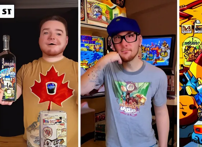 Image similar to retro video game youtuber in front of retro video games with a bottle of canadian maple syrup, eska water bottle, plate of poutine