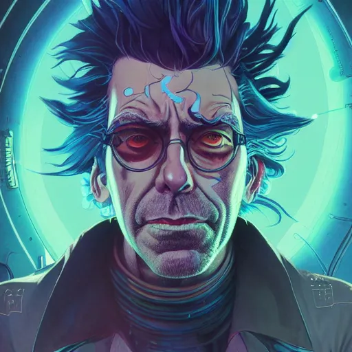 Image similar to 5 5 5 rick sanchez cyberpunk portrait by gaston bussierre and charles vess and james jean and erik jones and rhads, inspired by ghost in the shell, beautiful fine face features, intricate high details, sharp, ultradetailed