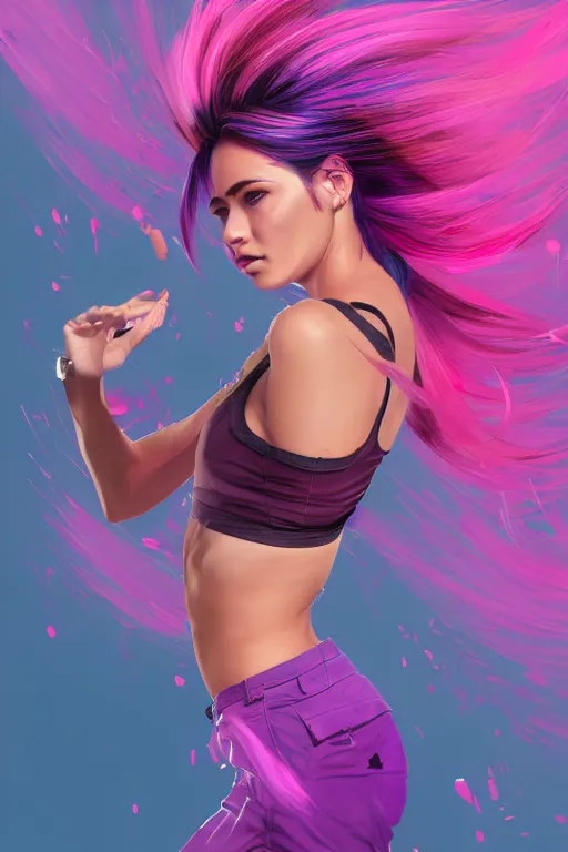 Image similar to a award winning half body porttrait of a beautiful woman in a croptop and cargo pants with ombre purple pink teal hairstyle with head in motion and hair flying, paint splashes, outrun, vaporware, shaded flat illustration, digital art, trending on artstation, highly detailed, fine detail, intricate