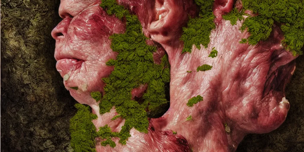 Prompt: details of moss growing on flesh and skin, meat, petals flower texture details, painitng, wrinkles and muscle tissues, stab wound, oil on canvas, 4k, 8K, photorealistic, soft light, cinematic lighting, sharp, contrasting, dramatic light