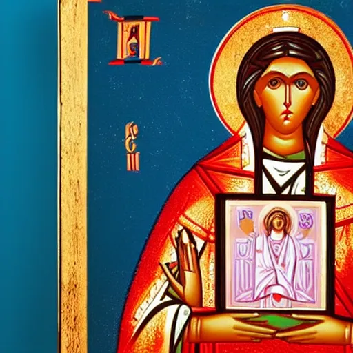 Image similar to an orthodox christian icon of a girl saint with a computer!