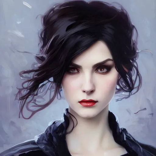 Image similar to oil painting of evil grumpy dark haired women, cameraflash portrait by ilya kuvshinov, artgerm, alphonse mucha, and greg rutkowski, wearing black coat, black makeup, ice mage, shooting ice, fantasy artwork, fantastic artwork, 4 k, trending on artstation