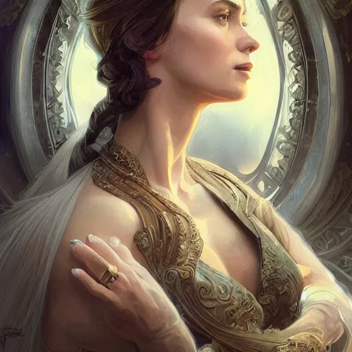 Prompt: portrait of emily blunt, fantasy, intricate, elegant, highly detailed, digital painting, artstation, concept art, smooth, sharp focus, illustration, art by artgerm and greg rutkowski and alphonse mucha