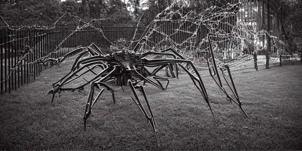 Image similar to bw polaroid sculpture of a huge iron spider in the fence of the hermitage in st. petersburg grain light glare