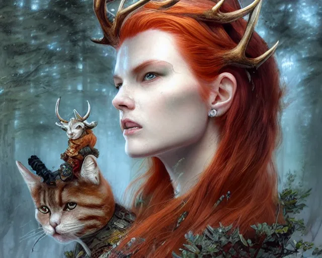 Prompt: 5 5 mm portrait photo of an armored gorgeous aesthetic redhead woman warrior with a face tattoo and antlers growing from her head and cat on her shoulder, in a magical forest. art by greg rutkowski and luis royo. highly detailed 8 k. intricate. lifelike. soft light. nikon d 8 5 0.