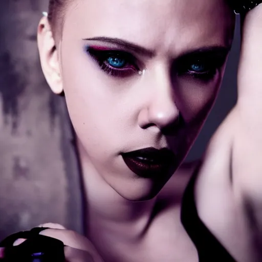 Image similar to scarlett johansson as a cyberpunk cyborg goth woman, pale skin, sensual, beautiful soft light failling on her face, studio photography, nikon 3 5 mm portrait photography, ultra realistic