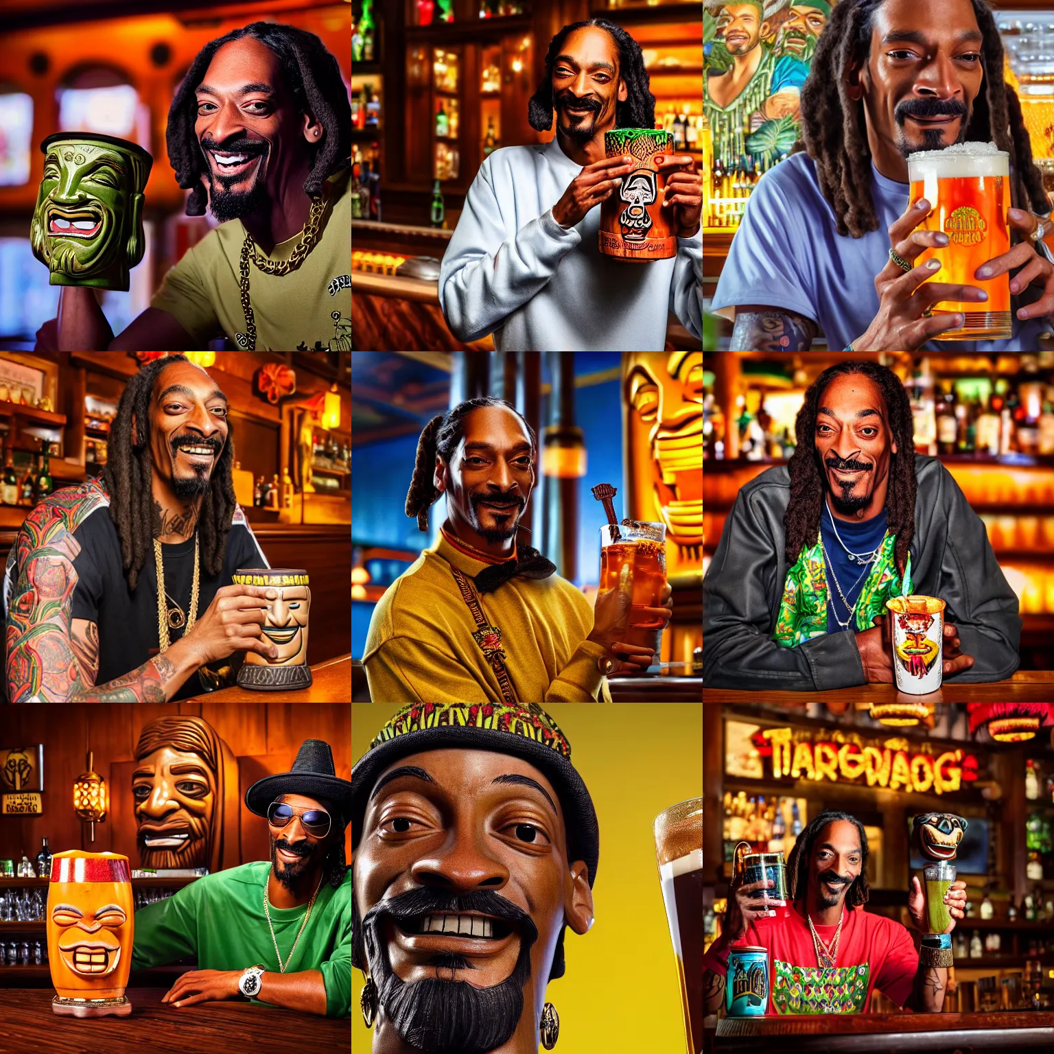 Prompt: a closeup photorealistic photograph of happy snoop dogg at trader vic's bar holding a tiki mug that features his face. brightly lit scene. this 4 k hd image is trending on artstation, featured on behance, well - rendered, extra crisp, features intricate detail, epic composition and the style of unreal engine.