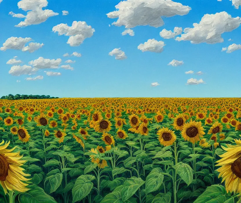 Image similar to a very detailed painting of a sunflower field, baby blue sky with very aesthetic stylized clouds, there is an ad billboard on the field, cows are on the field, an ufo is in the air, the ufo beams up a cow with a green light beam, in the style of edward hopper and hugo pondz, very fine brushstrokes, 4 k,