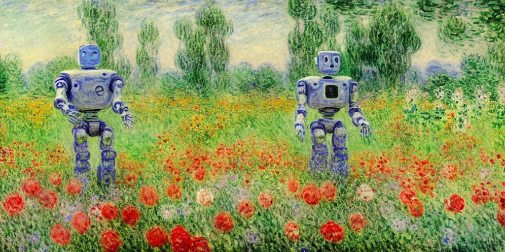 Image similar to a robot standing on flower garden looking small with many kinds flower arround him, watercolor art, 1 8 8 0 s, calude monet style, colorfule, hd, uhd