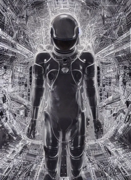 Image similar to astronaut in dark void underwater - complex and hyperdetailed technical suit design. reflection and dispersion materials. rays and dispersion of light. volumetric light. f / 3 2. noise film photo. flash photography. ultra realistic, 5 0 mm. poster by wayne barlowe, hajime sorayama aaron horkey, craig mullins