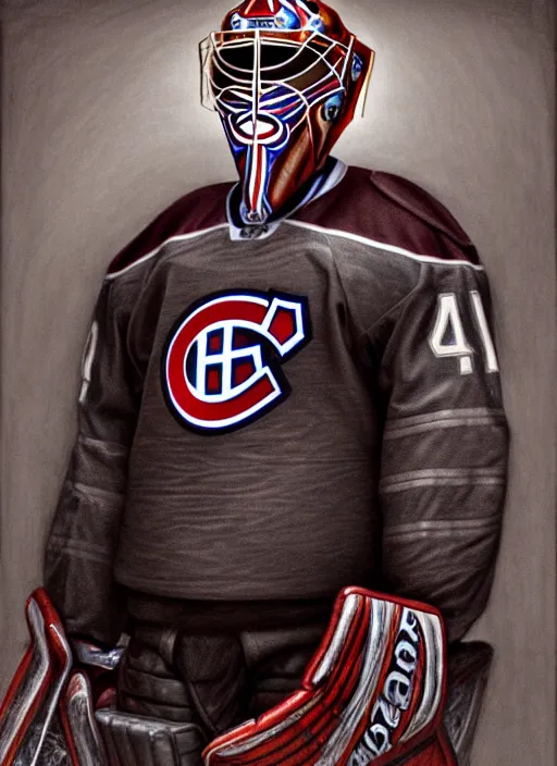 Prompt: portrait of supreme goaltender patrick roy, habs royalty, extravagant, lord, full body equipment, military goalie uniform, 4 stanley cups, fantasy, intricate, elegant, beautiful, highly detailed, charcoal, centered, dark, smokey, digital painting, artstation, concept art, art by artgerm and greg rutkowski and alphonse mucha