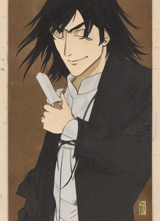 Image similar to half - body character portrait by tatsuki fujimoto of a handsome male vampire, sword holster, long black hair, light brown coat