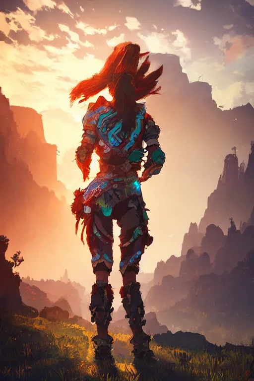 Image similar to combination suit armor aloy horizon forbidden west horizon zero dawn radiating a glowing aura global illumination ray tracing hdr fanart arstation by ian pesty and alena aenami artworks in 4 k tribal robot ninja mask helmet backpack