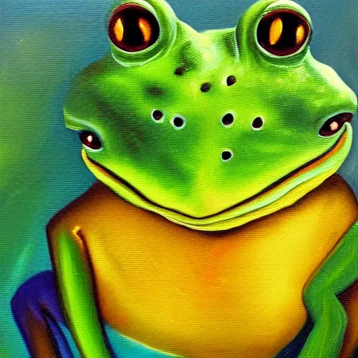 Image similar to beautiful oil painting painting of a frog wearing a crown in swamp