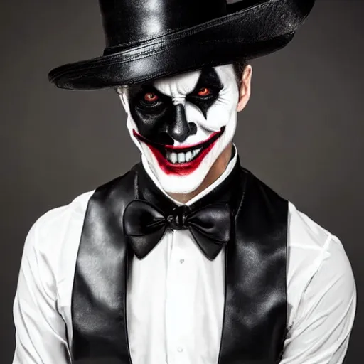 Image similar to a male model wearing a black leather hat in joker makeup, frontal view, cool looking