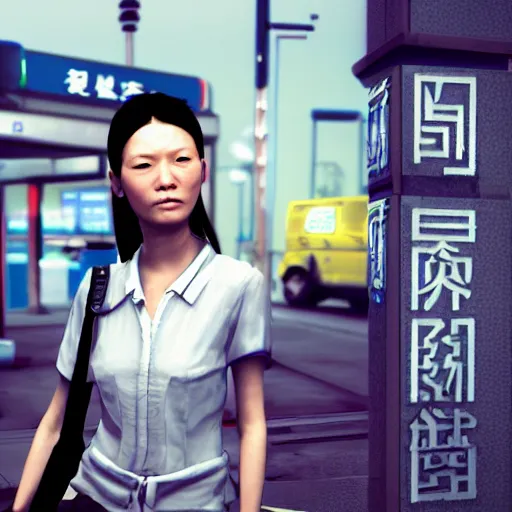 Image similar to a chinese woman at a gas station, video game, 3 d render, source engine, half life 2, portal 2, gmod, portrait, fashion photography, by david bailey, mario testino, davide sorrenti