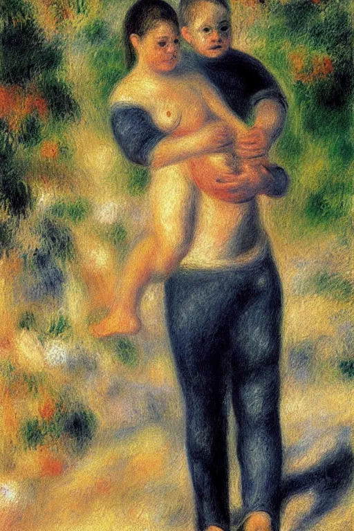 Prompt: a man holding his child over his shoulders walking near the beach, anatomically correct, painting by renoir, masterpiece