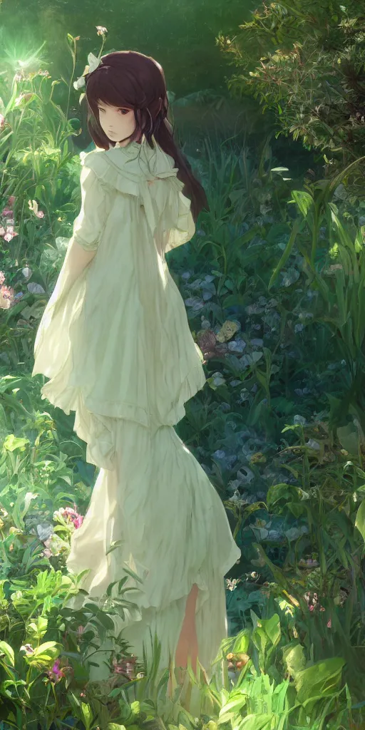 Prompt: a digital art of a loli with long hair in a dress in the privet garden at after noon, green and warm theme, back lighting, by krenz cushart and mucha and akihito yoshida and greg rutkowski and makoto shinkai, detailed eyes, 4 k resolution, trending on art station