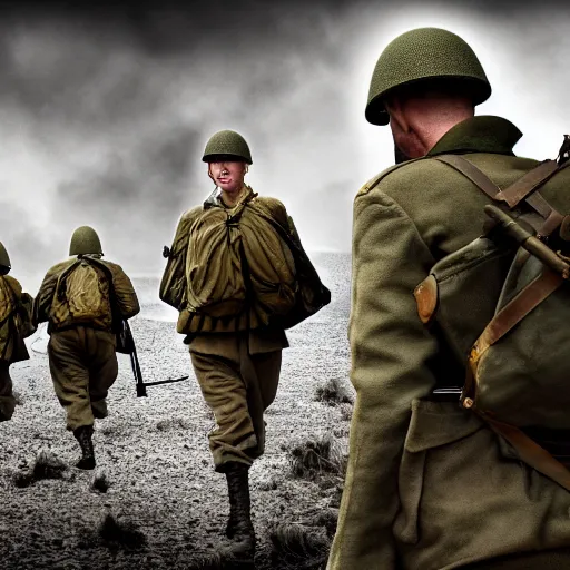 Image similar to world war 2 soldiers, 4 k, high resolution, still, landscape, hd, dslr, hyper realistic