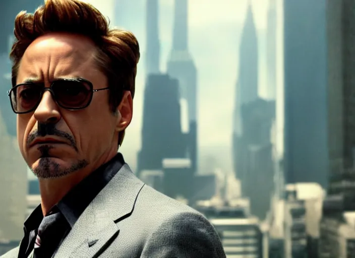 Image similar to film still of Robert Downey Jr as Cobb with the world bending in on itself in the background in Inception, 4k