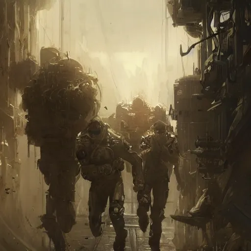 Image similar to concept art by greg rutkowski, soldiers in futuristic tactical gear, running around the outside of a space colony, futuristic, brutalistic environment, scifi, detailed and intricate environment, reddish lighting, stressful atmosphere, high technology, highly detailed portrait, digital painting, artstation, concept art, smooth, sharp foccus ilustration, artstation hq.