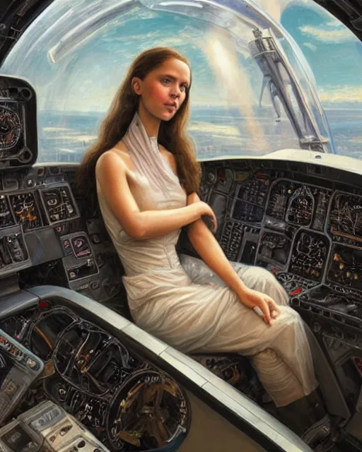 Prompt: a realistic oil painting of a girl resembling alicia vikander or millie bobby brown in a futuristic mechanical spaceship cockpit, highly detailed, intricate, artstation, by donato giancola and monia merlo