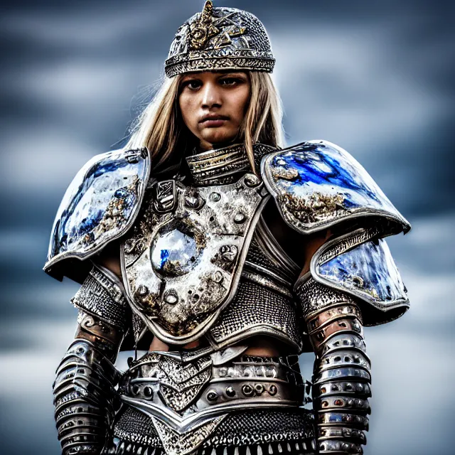 Prompt: photo of a beautiful warrior with sapphire encrusted armour highly detailed 8 k hdr smooth sharp focus high resolution award - winning photo dslr 5 0 mm