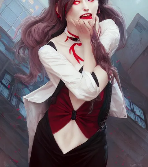 Prompt: a vampire girl, fangs out, grey hair, red necktie, cinematic, stunning, highly detailed, digital painting, artstation, smooth, hard focus, full body shot, illustration, art by artgerm and greg rutkowski and alphonse mucha