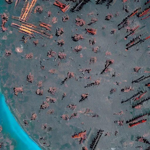 Prompt: a satellite view of a epic battle bloody 4k