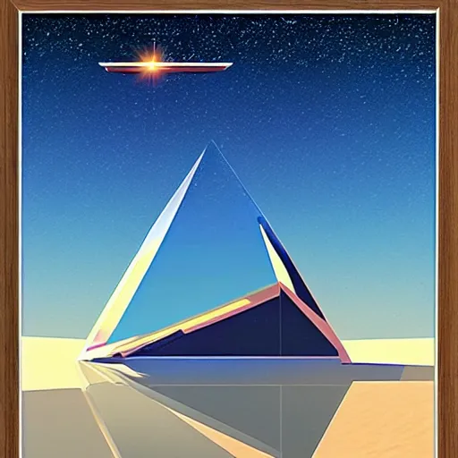 Image similar to poster big angular crystal in the desert, reflection from the crystal is sparkling due to sun, small starship near, futuristic, hi-tech details, style jean giraud