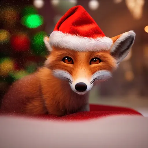 Prompt: cute fox, wearing santa hat, realistic cinematic lighting, establishing action shot, ultra detailed, hyper realism, photo, octane render