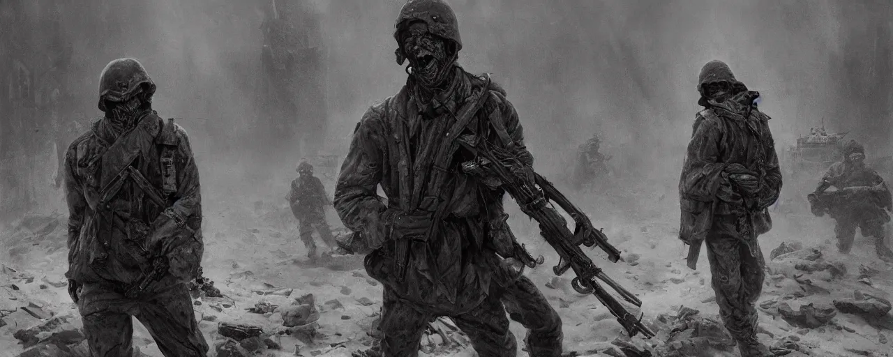 Prompt: an extremely detailed dark macabre photorealistic matte portrait of a soviet war soldier fighting zombies in a nuclear winter by J.C Leyendecker and Zdzisław Beksiński , Vietnam horror, destroyed street liminal space, dramatic lighting, trending on artstation, 8K, HDR, I cant believe how nightmarish this is