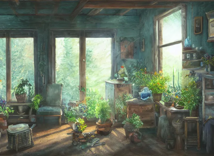 Image similar to rustic oil painting, interior view of a cluttered herbalist cottage, waxy candles, wood furnishings, herbs hanging, light bloom, dust, ambient occlusion, rays of light coming through windows, oil painting