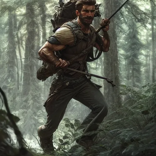 Image similar to Rugged male ranger running through the forest, masculine, D&D, muscular, fantasy, intricate, elegant, highly detailed, digital painting, artstation, concept art, smooth, sharp focus, illustration, art by artgerm and greg rutkowski and alphonse mucha