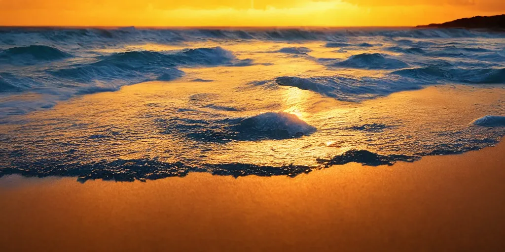 Image similar to Australian Beach, ripples, waves, sea foam, and sunset. light and shadow, rain, volumetric lighting, beautiful, golden hour, sharp focus, highly detailed, cgsociety