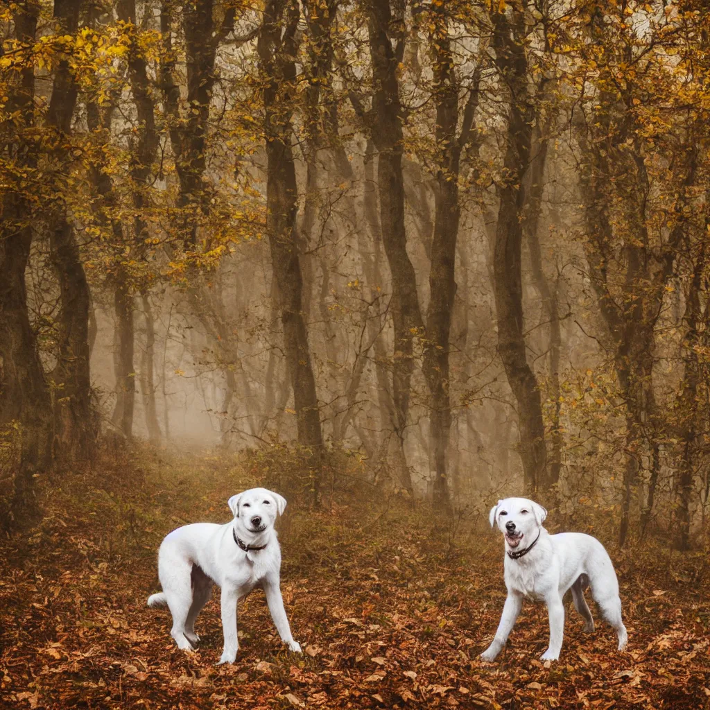 Image similar to one white laika dog, autumn, foggy old forest, very detailed, 4 k, professional photography