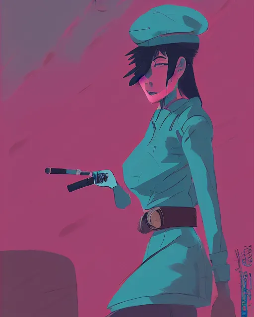 Prompt: girl with beret smoking a cigarette, colored manga panel, drawn by Anton Fadeev