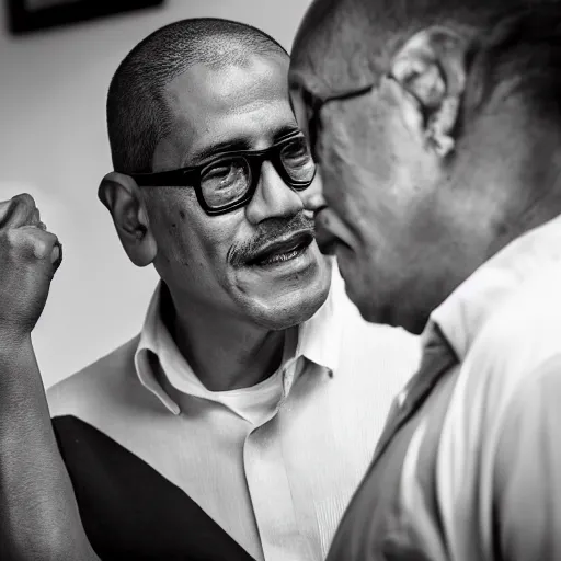 Prompt: b & w shot of pollo hermano w / gus fring ( eos 5 ds r, iso 1 0 0, f / 8, 1 / 1 2 5, 8 4 mm, postprocessed, crisp face, facial features )