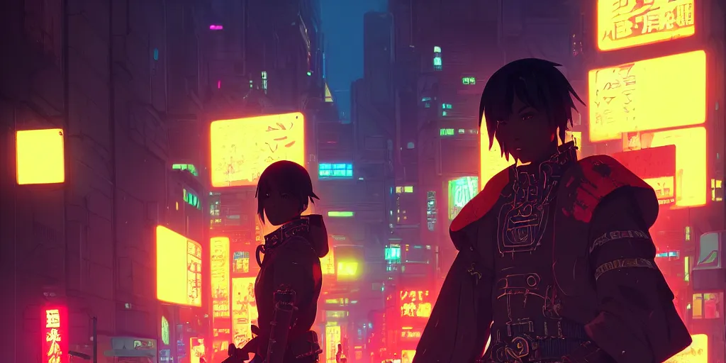 Image similar to digital illustration closeup of cyberpunk samurai in city street at night by makoto shinkai, ilya kuvshinov, lois van baarle, rossdraws, basquiat | afrofuturism, in the style of hearthstone, trending on artstation | cool color scheme